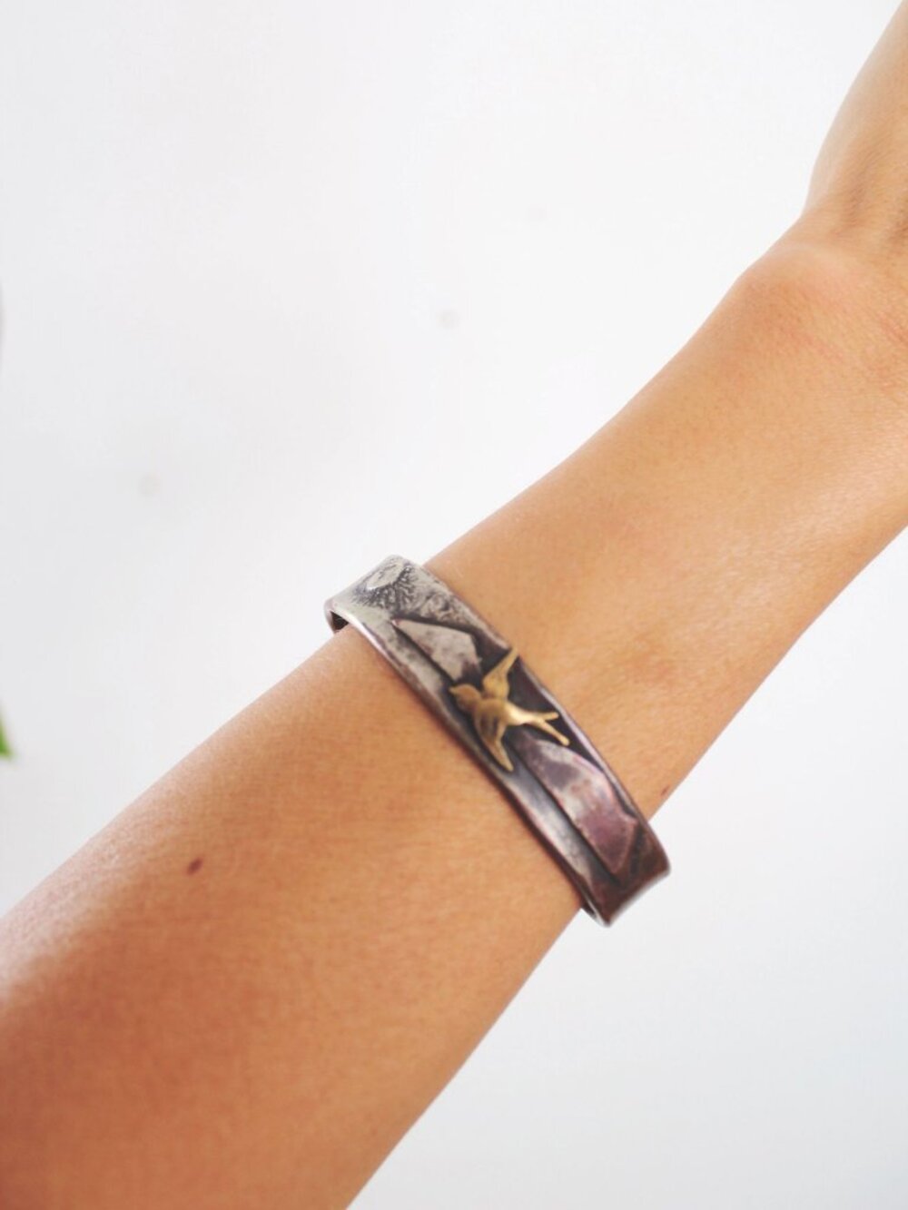 Vintage Silver Copper Brass Bird Cuff Bracelet Mountain Sun Landscape Artisan Ha
